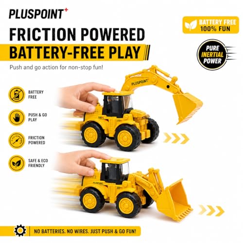Image of PLUSPOINT Construction Excavator & Bulldozer Toy Vehicles Set for Kids | Friction Powered Push & Go Construction Trucks | Pretend Play Building Vehicle Toys for Boys & Girls Age 3+