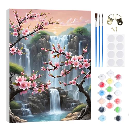 RICUVED Pintar por Numeros Adultos Cascada Paisaje con Marco, DIY Flor Cuadros para Pintar por Números con Caballete de Madera, Pintura Acrilica Manualidades Adultos Decoracion 20x30cm