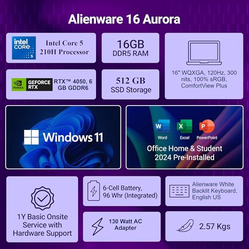 Image of Alienware 16 Aurora AC16250, Intel Core 5‑210H, 16GB DDR5, 512GB SSD, 16 inch WQXGA 300Nits Display, GeForce RTX 4050, 6GB GDDR6, White Backlit Keyboard, Win 11 Home+MSO'24, Interstellar Indigo, 2.57Kg