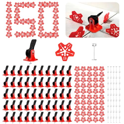 Lvjkes 150 Pezzi Distanziatori per piastrelle kit, 2 in 1 Pulsante livellatori per piastrelle, Con strumento di fissaggio a 5 angoli,Perno in acciaio di ricambio,Per piastrelle in ceramica(Rosso&Nero)