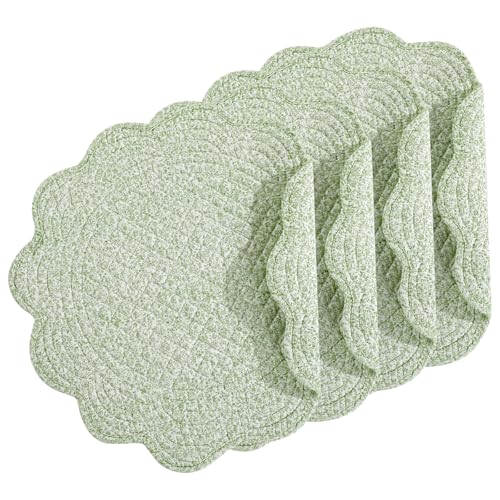 HOMBYS Quilted Placemats Set of 4 Washable Round Placemats for Kitchen Table-100% Cotton Fabric Round Table Mats, (White with Green Flower)
