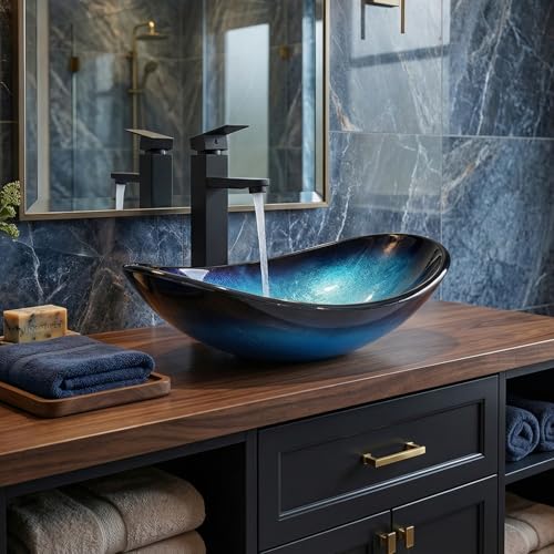 SOLIDEE Bathroom Boat Shape Artistic Glass Vessel Sink Free Black Faucet and Pop-up Drain Set, Blue
