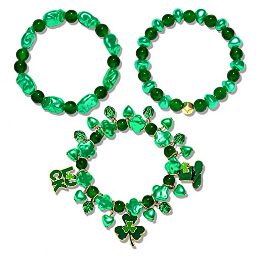 PHALIN 3PCS St.Patrick's Day Bracelets for Women Glitter Shamrock Hat Lucky Leaf Charm Bracelets Beaded Stretch Bracelet Set for Irish Holiday Outfits St.Patrick's Day Accessory (Style B) by PHALIN - Used condition - US$8.50