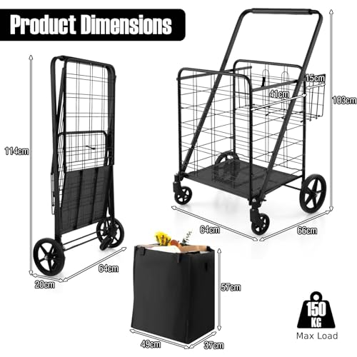 Robuster faltbarer Einkaufswagen mit Rädern, extra Korb und Schaumstoffgriff, Mehrzweck-Schiebe-/Ziehwagen für Wäsche, Supermarkt, Reisen