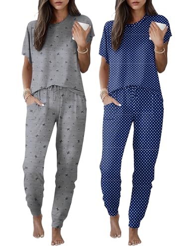 Image of Ekouaer 2 pack Pajama Sets for Womens Jogger Pants Pjs Short Sleeves Lounge Set Soft Sleepwear with Pockets Grey Bows and Blue Dots S