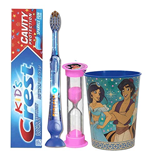 Aladdin Princess Jasmine 4pc Bright Smile Oral Hygiene Bundle! Light Up Toothbrush, Toothpaste, Brushing Timer & Mouthwash Rise Cup! Plus Dental Gift Bag &"Remember to Brush" Visual Aid!