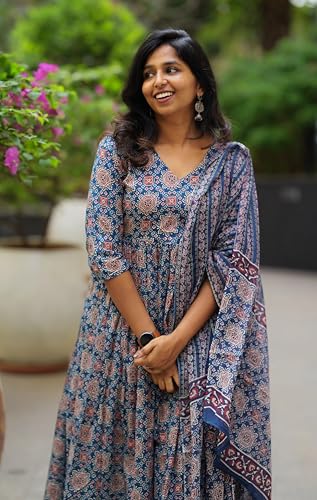Image of Nermosa Women Printed Cotton Anarkali Kurta and Pant with Dupatta | Printed Kurta Set | Cotton Kurta Set | Summer Office Wear |
