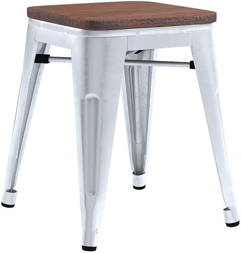 Miniatura 56 de [Juego de 4] Taburete metálico apilable industrial moderno para interior/exterior 17 pulgadas, Metal Plata sin espalda con madera,Sin espalda negro