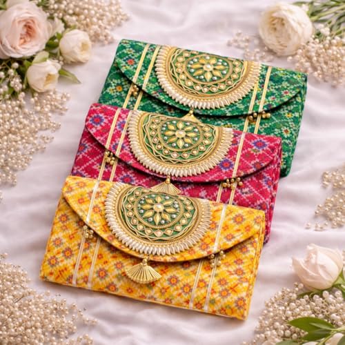 Image of JAIPUR ACE Women Ethnic Embroidered Clutch Bag with Golden Handwork & Tassel | Traditional Wedding, Party & Festive Shagun Purse| Return Gift Clutches (Pack of 3)