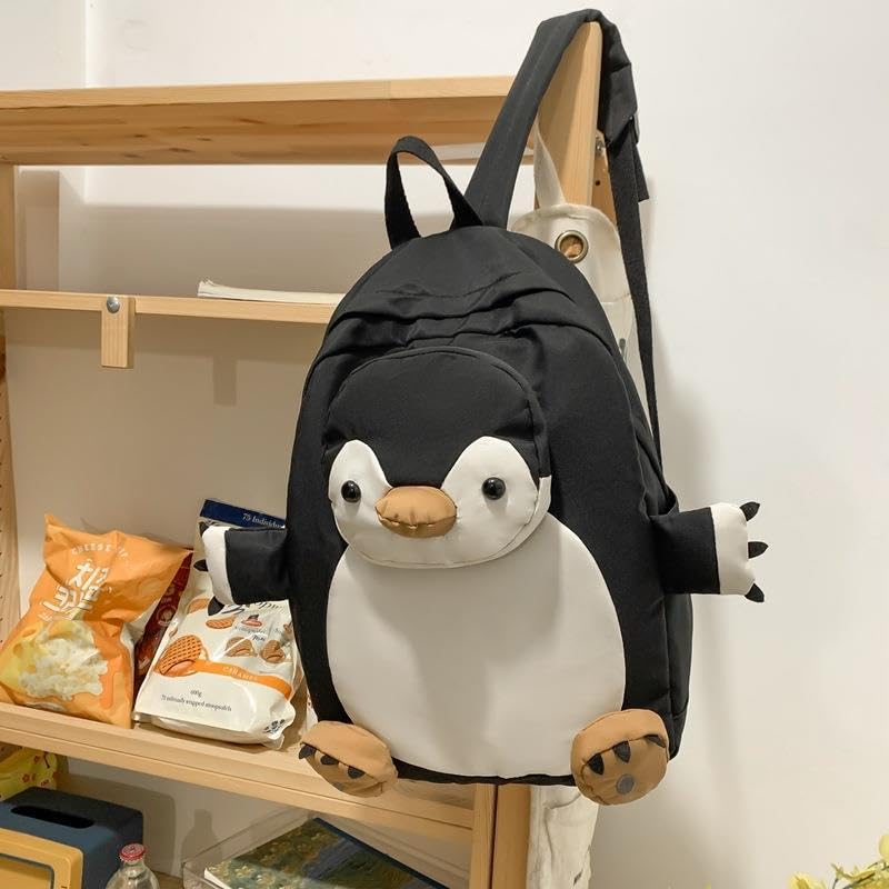 e-super Penguin Laptop Backpack Canvas Shoulder Bag Student School Bag Bookbag Travel Daypack with a Doll4