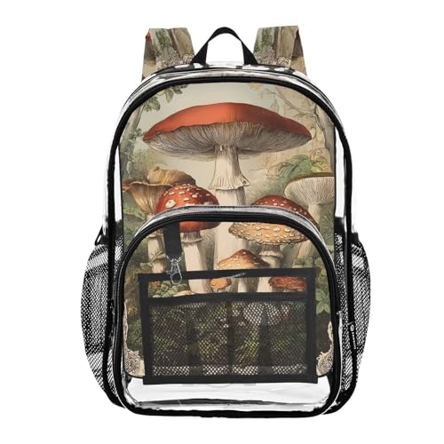 Vintage Red Mushroom Clear Backpack Heavy Duty See Through Transparent PVC BookBag for Kids Boy Girl School Work