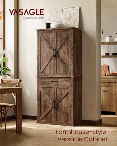 Image of VASAGLE Pantry Cabinet, Tall Storage Cabinet with Drawer, 70.3-Inch | Farmhouse kitchen cabinet with barn doors, tray, adjustable shelves, Hazelnut Brown, UBBK364K01