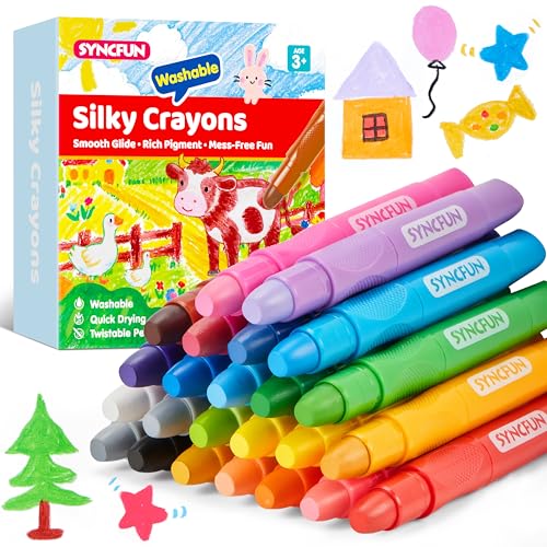 SYNCFUN 24 Pcs Twistable Silky Crayons Washable Crayons for Paper Easy to Hold & Quick-Drying Art Supplies Non-Toxic Mess Free Birthday Valentine Easter Gifts for Kids Ages 3 and Up