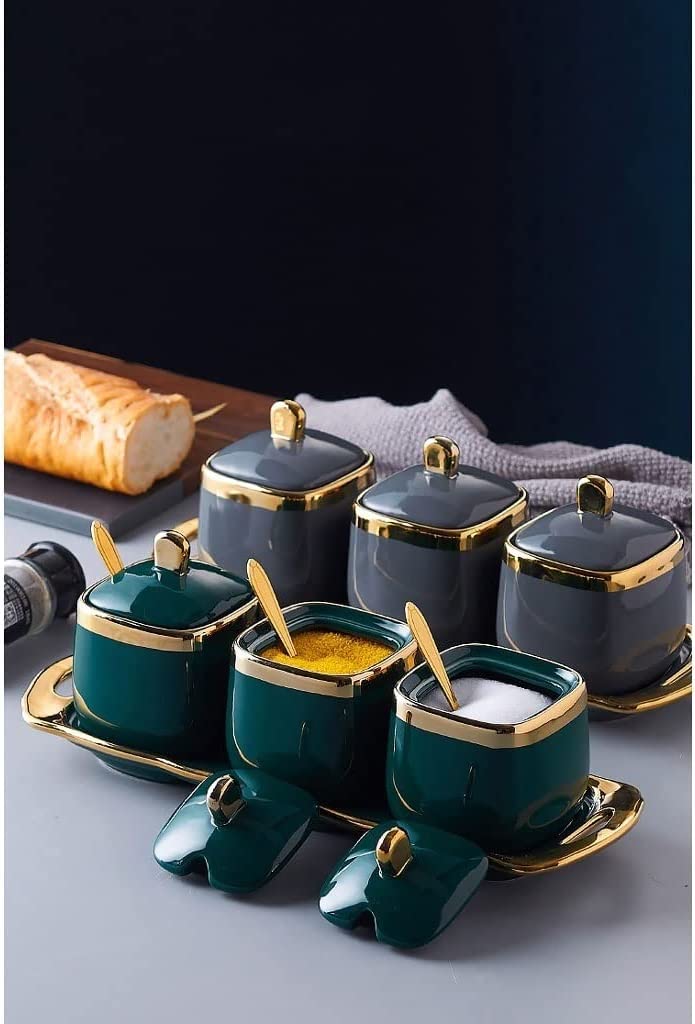 Set di contenitori per condimenti, Scatola per condimenti in Ceramica, Contenitore per condimenti, Scatola per condimenti con Coperchio, Cucchiaio, Adatto per z