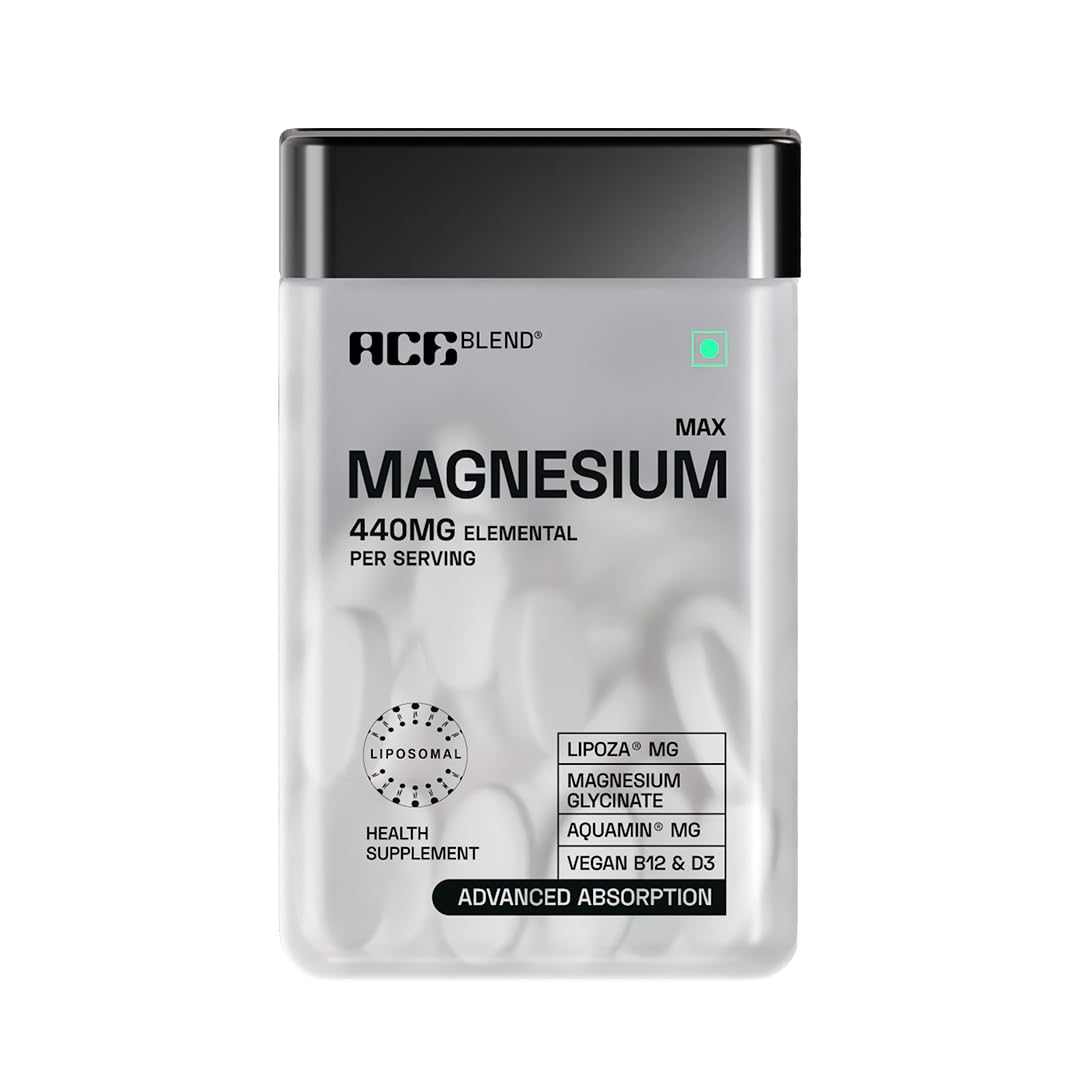 ace blend max magnesium tablets 440mg | magnesium glycinate + liposomal lipoza® + aquamin® | calcium, vitamin b12 & d3 supplement tablets for men & women | 60 tablets