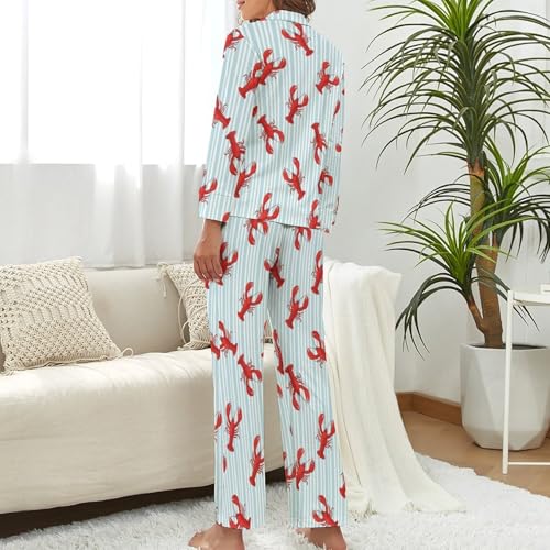 Women's Pajama Sets Sea Lobster Cartoon Long Sleeve Lounge Sets Pjs Sleepwear with Pockets3