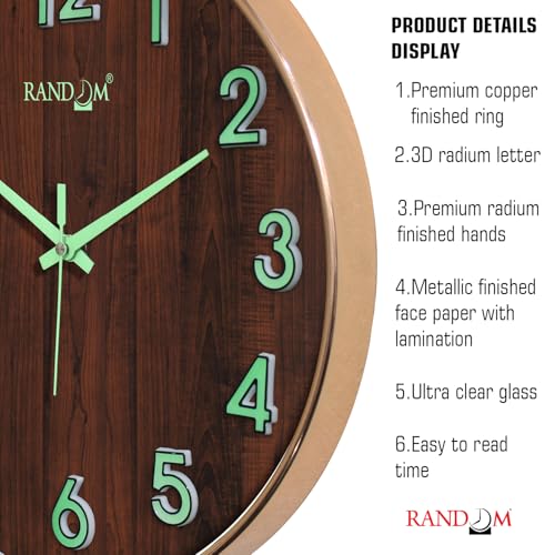 Image of RANDOM Modern Wall Clock with 3D Radium Numbers, Silent Non-Ticking, Premium Black Frame, Ultra Clear Glass for Living Room, Home Office (12.75 inch)
