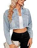Ladyful Womens Bride Pearls Denim Jacket Lightweight Ripped Cropped Jean Coat Outerwear