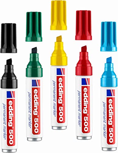 Edding 500 Grundfarben Set schwarz - rot - gelb - grün - blau Permanentmarker mit präziser Keilspitze - wasserfest, wischfest - für Karton, Kunststoff, Holz, Metall - Universalmarker - Alutank Cover