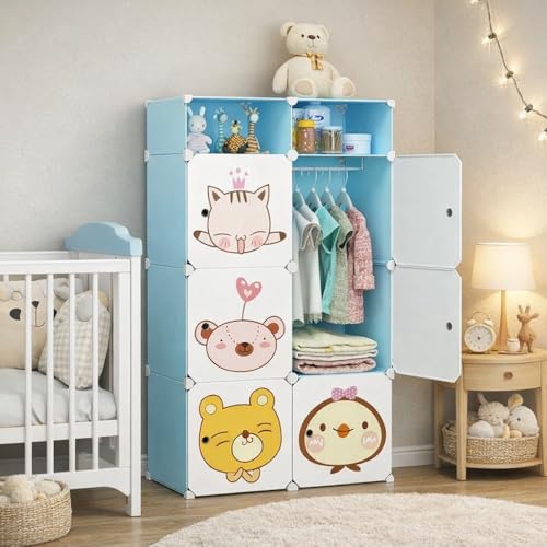 Image of Kids Plastic Collapsible Wardrobe Organizer for Storage | Cute Cartoon Design | Heavy Duty Cloth Organizer for Storage | Easy to Assemble | Perfect for Kids Room & Home (Blue-S5)