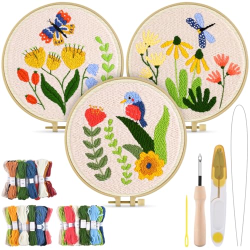Image of TINDTOP Punch Needle Kits, Flowers Punch Embroidery Kits for Adults | 3 Sets , Tool with Punch Needle Fabric, Hoops, Yarns and Sewing Needles