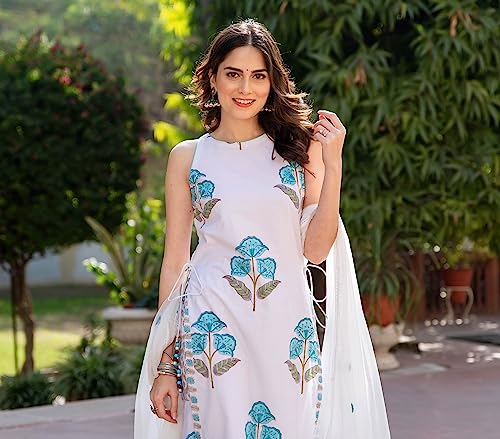 Image of Sidhidata Women's Cotton Blend Printed Straight Kurta Sharara Set With Embroidered Dupatta