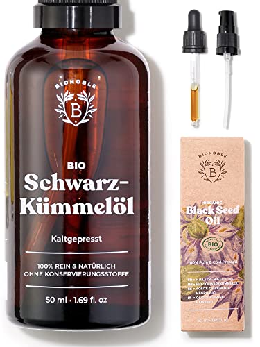 Bionoble Schwarzkümmelöl Bio 50ml - Glasflasche + Pipette + Pumpe - 100% Kaltgepresst und Ungefiltert - Gesicht, Körper, Haare - Ägyptisches Schwarzkümmel Öl - Vegan Organic Black Seed Oil Cover