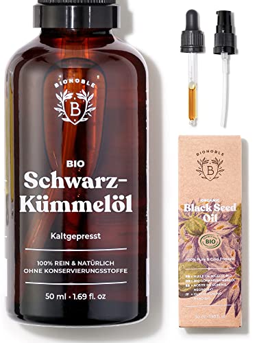 Bionoble Schwarzkümmelöl Bio 50ml - Glasflasche + Pipette + Pumpe - 100% Kaltgepresst und Ungefiltert - Gesicht, Körper, Haare - Ägyptisches Schwarzkümmel Öl - Vegan Organic Black Seed Oil