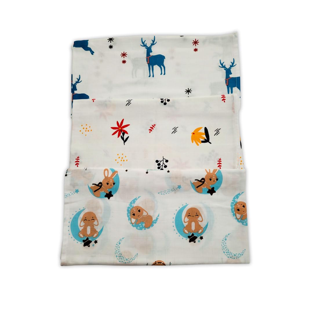 Kridlo 100% Cotton Baby Swaddle Wraps | Pack of 3, Soft & Breathable | Newborn Essentials 0-2 Years | 90x90cm Large | Blue Moon, Orange Daisy & Blue Deer Design | Skin-Friendly & Baby Safe Blanket