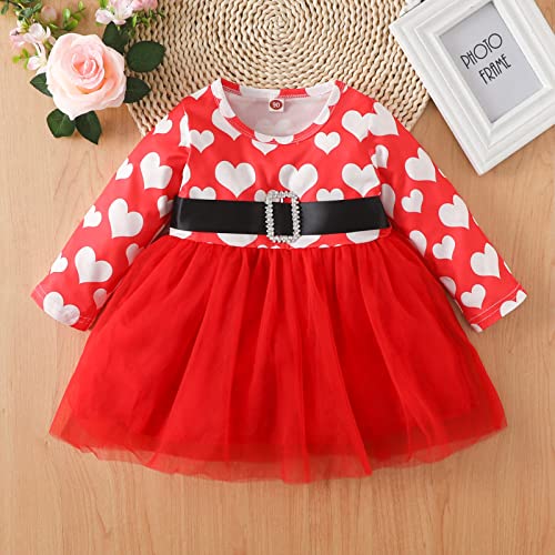 2t Vestido Malha Criança Longo Amor Tule Manga Bebê Crianças Princesa Meninas Vestido Casual Estampa