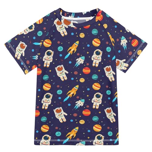 ALAZA Kids Rash Guard Boys Toddler Swim Shirts Short Sleeve Astronauts Rockets Planet UPF 50+ 3T