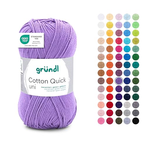 Gründl Wolle Cotton Quick uni - dünne Wolle zum Häkeln - Strickgarn - Häkelgarn - Glänzend und hautfreundlich - 100% Baumwolle - 1 Knäuel 50 g / 125 m - Nadelstärke 3-4 - Lavendel