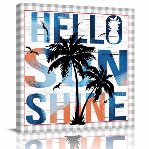 Hello Sunshine Canvas Wall Art, Seagull Summer Palm Tree Plaid
