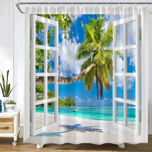 Rideaux de douche île cocotier en textile durable premium pour grande douche