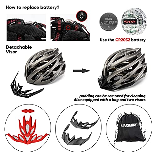 KINGBIKE Bike Helmet Men Women Bicycle Adult Cycling Specialized Road Mountain MTB Helmets for Mens Womens Adults Casco para Bicicleta with Safety Light Portable Bag Accessories(Titanium)
