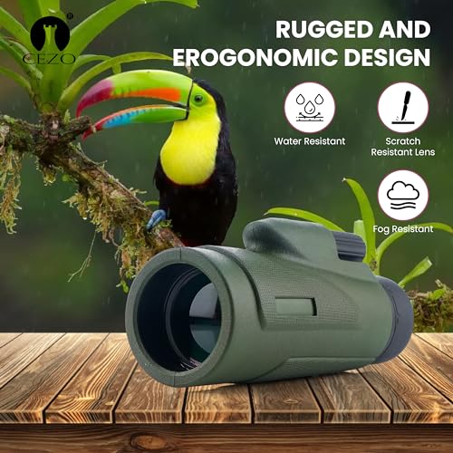 Image of Cezo 12x50 Monocular for Adults Kids,HD Monocular Scope for Gifts Monocular Telescope for Smartphone Watching Birds Hiking,Concert,Travelling- Green
