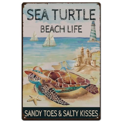 SUPERDANT Sea Turtle Beach Life Sign Metal Tin Sign Funny Vintage Iron Sign Pet Store Decor Bathroom Aquarium Metal Plaque Retro Wall Art Poster Wall Decor For Home Garden Bar