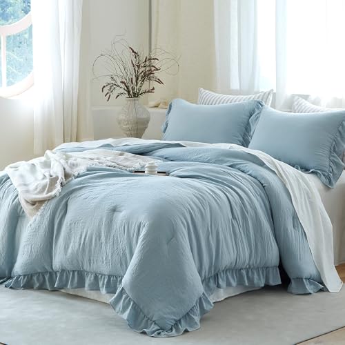 Image of Blue Ruffle Comforter Set Queen, Pre-Washed Shabby Chic Bedding Set, Lightweight Cottagecore Soft Romantic Cozy 1 Comforter & 2 Shams, All-Season