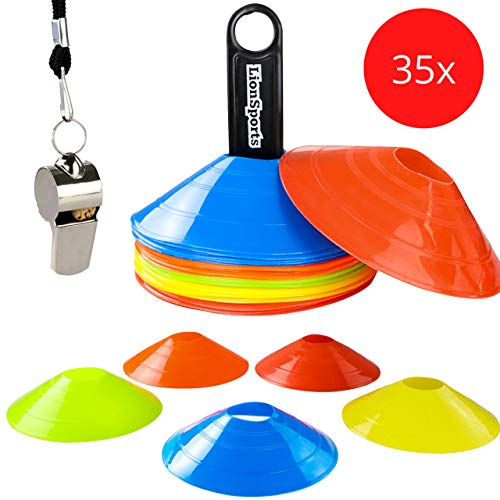 LionSports Profi Markierungshütchen Set (verbesserte Version 2020)  Perfektes Fussball Trainingszubehör (35er Profi Set)