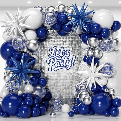 Image of 153Pcs Navy Blue and Silver Balloons Garland Arch Kit with Stars -22 18 12 10 5 inch Different Size Royal Blue White Silver Latex Balloon for Birthday Baby Shower Anniversary Party Decorations