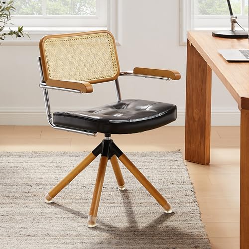 Zouron Rattan Schreibstuhl Schwarz - Mid Century Moderner Drehstuhl...