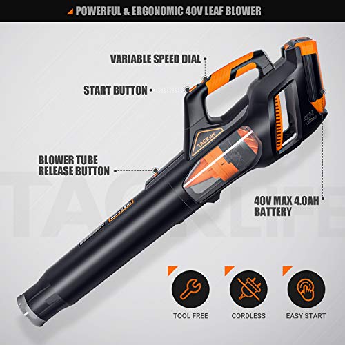 TACKLIFE 40V Cordless Leaf Blower with 4.0Ah Battery & Charger, Brushless Motor, 540 CFM 100 MPH, 5-Speed Optional, Perfect for Snow Cleaning - KDBV40A