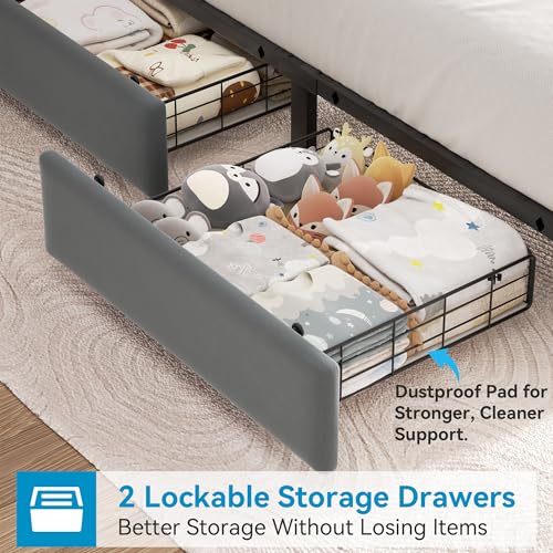 Image of Jocoevol Twin Upholstered LED Bed Frame with 2 Storage Drawers and 2-Tier Storage Bookcase Headboard, Velvet Platform Bed for Kids /Girls /Boys, Heavy Duty Metal Support, No Box Spring Needed, Grey