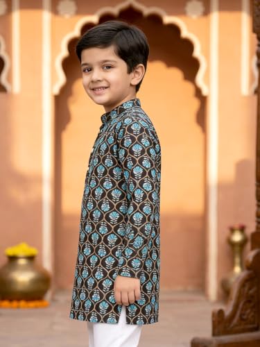 Image of KiddoPanti Boys 100% Cotton Ethnic Motif Printed Short Length Kurta