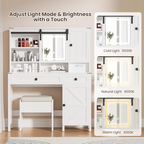 Farmhouse-Vanity-and-Vanity-Stool-Makeup-Vanity-Mirror-with-Lights-Built-in-Power-Strip-with-2-Silent-Sliding-Drawers-Storage-Cabinets2-Storage-Shelves-Vanity-for-Bedroom-White Farmhouse Vanity and Vanity Stool Makeup Vanity Mirror with Lights Built in Power Strip with 2 Silent Sliding Drawers Storage Cabinets2 Storage Shelves Vanity for Bedroom White