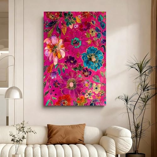 Tableau sur toile fleurs colorées bleues vertes jaunes sans cadre