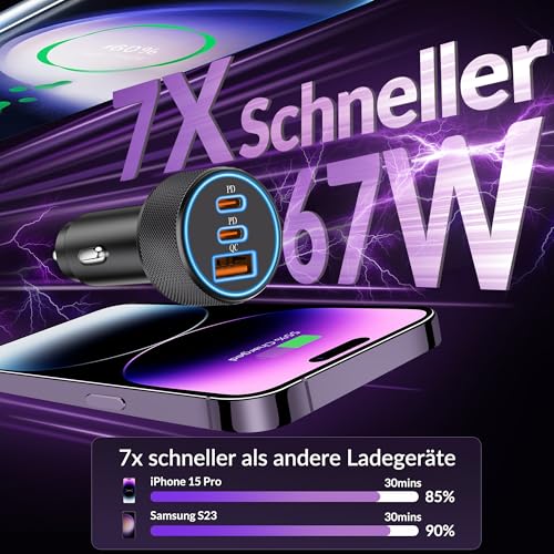 67W 3-Port Zigarettenanzünder USB C, Dual USB-C & USB-A Auto Ladegerät PD/QC kfz Schnellladegerät 12V USB Adapter für iPhone 17/Air/16/15/14/13/Pro Max/16e, Samsung Galaxy S25/S24/S23, Pixel 9/8, iPad – Bild 3