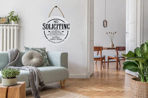 KPSheng No Soliciting Funny Sign For House, No Soliciting Please Do Not Knock Door Wood Sign for All Seasons Home Front Porch Door Decoration with Buffalo Plaid Bow,11inch by 11inch