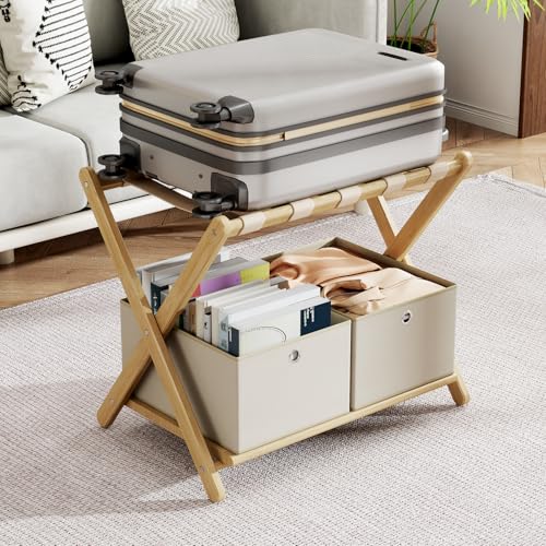 Fully Assembled Luggage Racks Pack of 2 with 4 Storage Boxes, Bamboo 26.77" Folding Luggage Stand for Guest Room, 5 Nylon Straps, Suitcase Stand with Storage Shelf for Bedroom Hotel, Natural