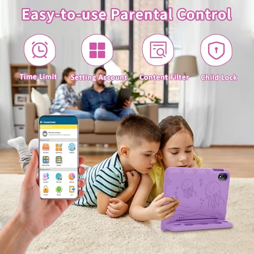 Image of Android 15 Kids Tablet 10.1 Inch,Octa-Core Processor, Case Included,Purple | Built-in parental controls; Google Kid Space installed; 2.4G /5G dual-band WiFi; 21GB RAM 64GB ROM; For Ages 2-12 Toddler